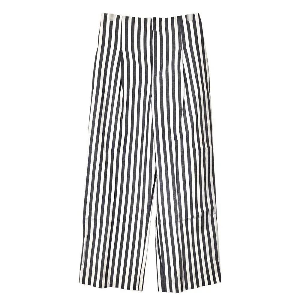 Zara High Rise Striped Loose Fit Cropped Wide Leg Trouser Pants Blue White Small